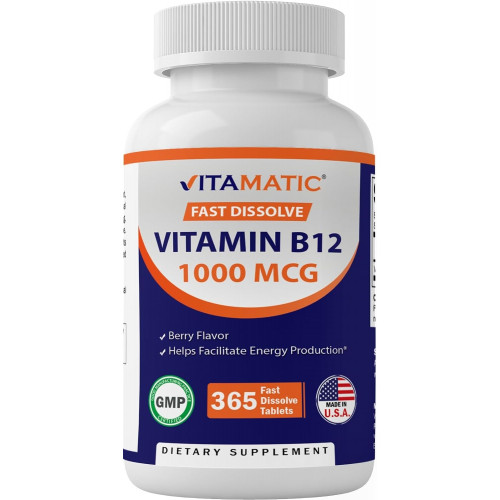 Vitamatic Витамин B12 1000 мкг быстро растворяющиеся таблетки 365 — ягодный вкус — поддерживает энергетический обмен