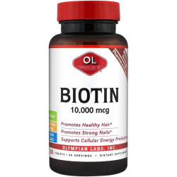 Olympian Labs Max Strength Biotin Vitamin B7 Supplement, таблетки 10 000 мкг, покращує ріст волосся, шкіри та нігтів, 60 веганських таблеток