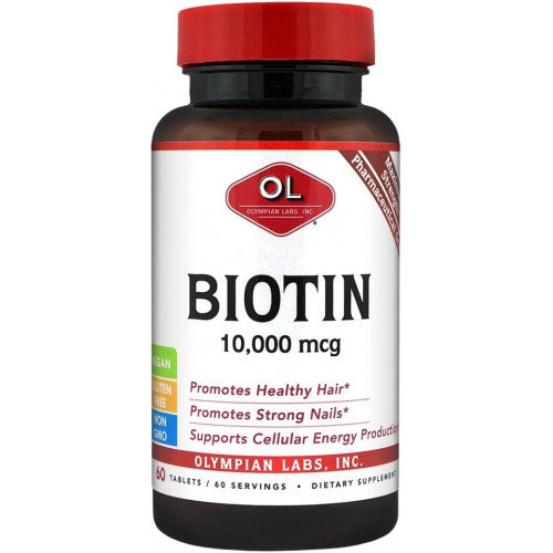 Olympian Labs Max Strength Biotin Vitamin B7 Supplement, таблетки 10 000 мкг, покращує ріст волосся, шкіри та нігтів, 60 веганських таблеток