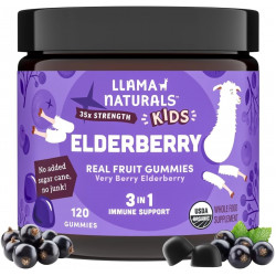 Llama Naturals Real Fruit Sambucus Elderberry Gummies для детей, без добавления сахарного тростника, веганские, органические, для поддержки иммунитета малышей, цинк и витамин C для детей, 120 штук (запас на 2–4 месяца)