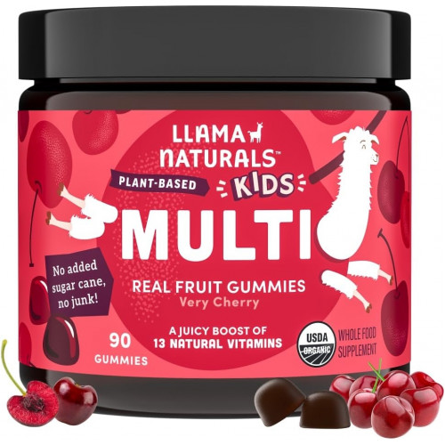 Llama Naturals Real Fruit Gummy Vitamins для детей, без добавления сахарного тростника или подсластителей, цельнопищевые мультивитамины, веганские жевательные конфеты для малышей, на растительной основе, органические, жевательные, 90 шт. (30-60 дней), виш