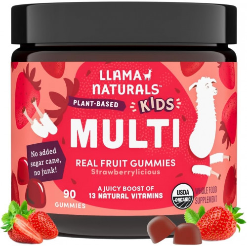 Llama Naturals Real Fruit Gummy Вітаміни для дітей, без додавання цукрової тростини, бета-каротини, цільні харчові полівітаміни, веганські цукерки для малюків, рослинні, органічні, жувальні 90 ct (30-45 днів) Полуниця