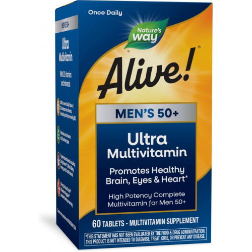 Возможно, вы имели в виду: Nature's Way Alive! Men’s 50+ Daily Ultra Multivitamin, High Potency Formula, Supports Healthy Brain, Eyes & Heart*, with Methylated B12, Gluten-Free, 60 Tablets (Packaging May Vary)