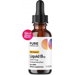 Pure Formulas Liquid B12, 1000 мкг — Подъязычные капли B12 с натуральным вишневым вкусом, мощная ежедневная поддержка для энергии и хорошего самочувствия — Без ГМО, без аллергенов — 1 эт. Оз.