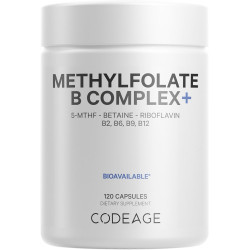 Codeage Methylfolate B Complex Supplements - 5 MTHF, метилкобаламін 1000 мкг метильованого вітаміну B12, рибофлавін, бетаїн, вітаміни B6, цикл метилювання MTHFR - 2 місяці - 120 капсул