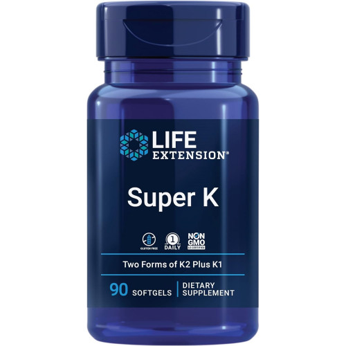 Life Extension Super K, вітамін K1, вітамін K2 mk-7, вітамін K2 mk-4, вітамін C, здоров’я кісток/серця/артерій, запас на 3 місяці, без глютену, 1 щоденна доза, без ГМО, 90 м’яких капсул