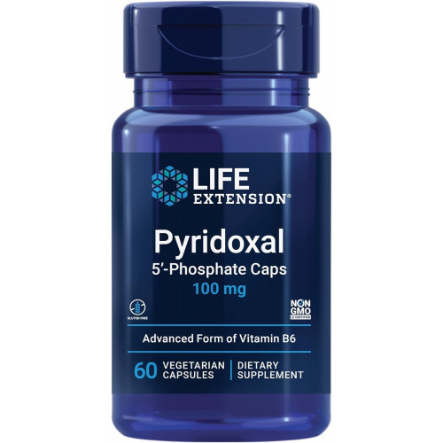 Life Extension Pyridoxal 5'-Phosphate Caps — вітамін B6, 100 мг, біоактивний B6 для здоров’я серцево-судинної системи, нирок і нервів — без глютену, без ГМО, вегетаріанські — 60 вегетаріанських капсул