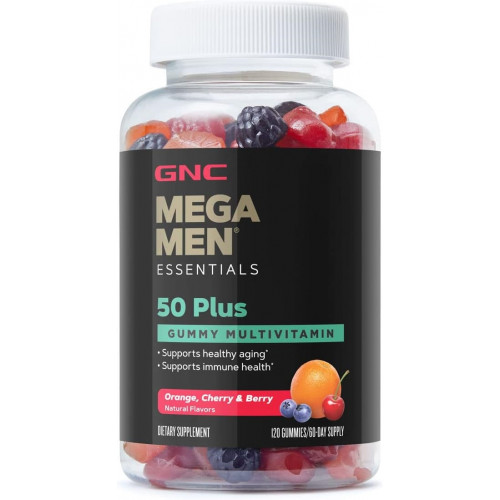 GNC Mega Men Essentials 50 Plus Жевательные мультивитамины | Поддерживает здоровое старение и здоровье иммунитета | Апельсин, вишня и ягода | 120 Граф