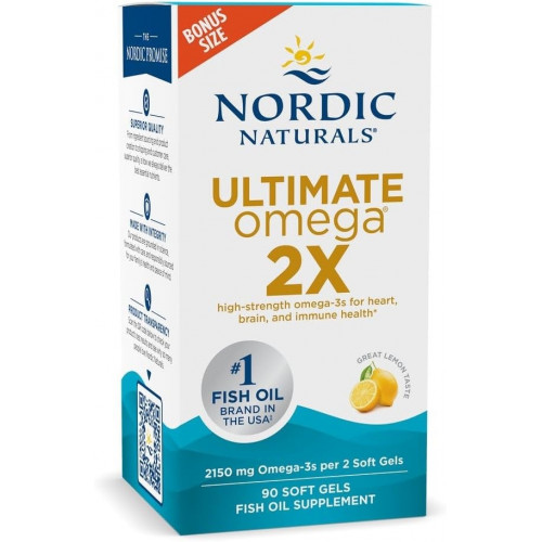 Nordic Naturals Ultimate Omega 2X, со вкусом лимона — 90 мягких таблеток — 2150 мг Омега — высокоэффективный рыбий жир омега-3 с ЭПК и ДГК — способствует здоровью мозга и сердца — Не содержит ГМО — 45 порций