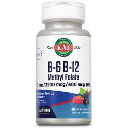 KAL Vitamin B-6 B-12 Methyl Folate ActivMelt, добавка вітаміну B, здоров’я серця, енергія та підтримка червоних кров’яних тілець з метилом B12 і DFE фолієвою кислотою, натуральний ягідний смак, 60 порцій, 60 мікротаблеток