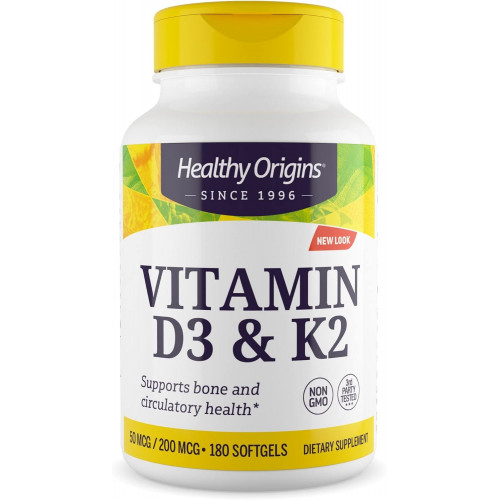 Healthy Origins Vitamin D3 & K2 - Вітамін D3, 50 мкг - Вітамін K2, 200 мкг - Легко засвоювані добавки з вітаміном D і вітаміном K - Добавки без ГМО та без глютену - 180 капсул