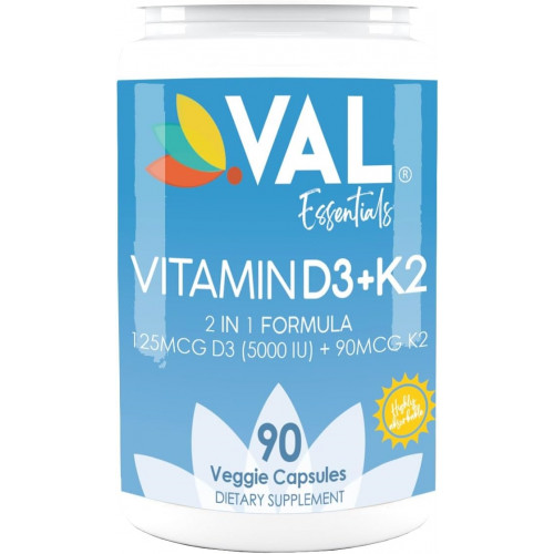 VAL Essentials Vitamin K2 + D3 Supplement - High Potency 5000 IU D3 & 90 mcg K2 MK-7, Non-GMO, Легкий для ковтання Комплекс вітамінів D & K, 90 вегетаріанських капсул