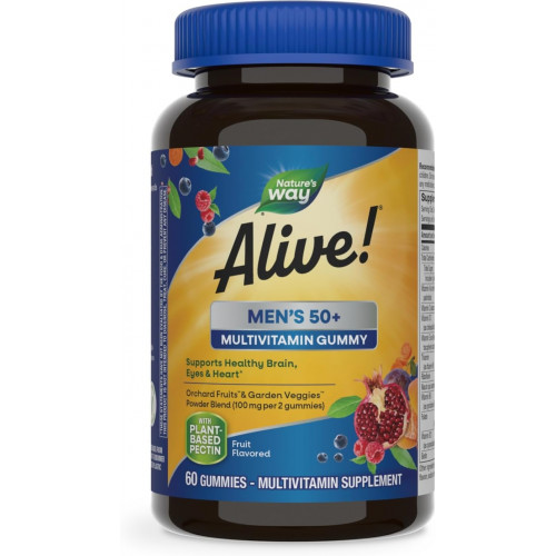 Nature's Way Alive! Чоловічі 50+ Daily Gummy Multivitamins, підтримують здоров’я мозку, очей, серця*, B-вітаміни, без глютену, вегетаріанські, фруктові, 60 цукерок (упаковка може відрізнятися)