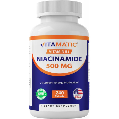 Vitamatic Niacinamide 500 мг 240 таблеток - Вітамін B3 без промивання - Підтримує виробництво енергії