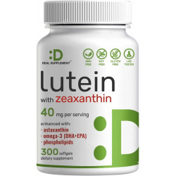 DEAL ДОБАВКА Лютеїн і зеаксантин, 40 мг на порцію | 300 м’яких капсул, збагачених астаксантином, Омега-3 і фосфоліпідами, основними вітамінами для очей і підтримкою здоров’я зору