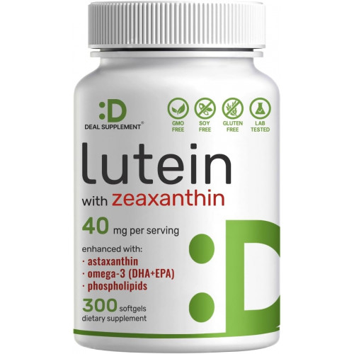 DEAL ДОБАВКА Лютеїн і зеаксантин, 40 мг на порцію | 300 м’яких капсул, збагачених астаксантином, Омега-3 і фосфоліпідами, основними вітамінами для очей і підтримкою здоров’я зору