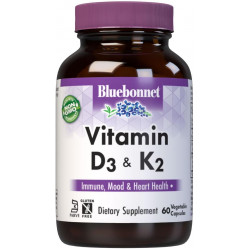 Bluebonnet Nutrition Витамины D3 и K2, без сои, для крепких и здоровых костей*, без глютена, без ГМО, без молочных продуктов, кошерный сертификат, вегетарианский, 60 растительных капсул, 60 порций