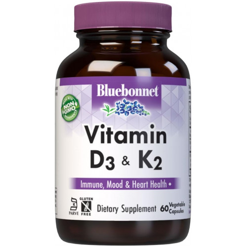 Bluebonnet Nutrition Вітамін D3 і K2, без сої, для міцних і здорових кісток*, без глютену, без ГМО, без молочних продуктів, сертифікований кошерний, вегетаріанський, 60 овочевих капсул, 60 порцій