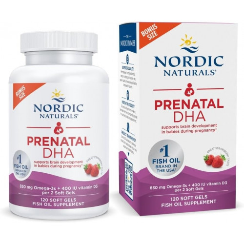 Nordic Naturals Prenatal DHA, полуниця - 120 м'яких гелів - 830 мг омега-3 + 400 МО вітаміну D3 - підтримує розвиток мозку у дітей під час вагітності та лактації - без ГМО - 60 порцій