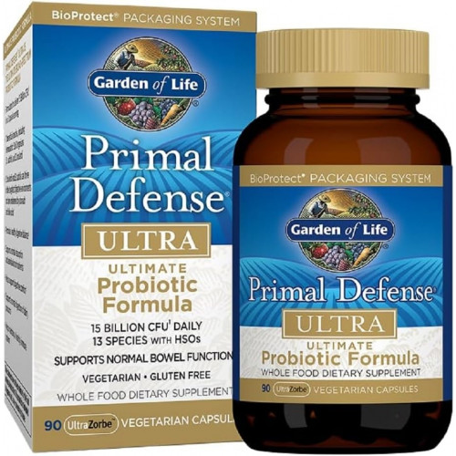 Garden of Life Primal Defense Ultra Ultimate Probiotic Formula - 15 мільярдів КУО та 13 штамів пробіотиків плюс HSO для здорового балансу травлення, вегетаріанська та без глютену, 90 капсул