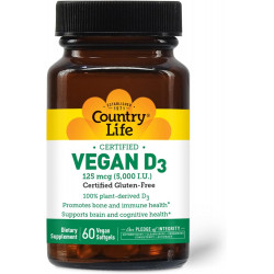 Country Life Vegan D3 5000 МО, 60 капсул, сертифікований без глютену, сертифікований веганський продукт