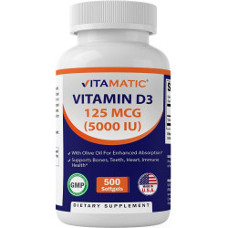 Вітамін D3 Vitamatic 5000 МО (125 мкг) - 500 капсул (на основі оливкової олії) - запас на 500 днів - для здорової роботи м'язів і підтримки імунітету, без ГМО, без глютену в міні-капсулах холодного віджиму