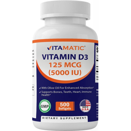 Вітамін D3 Vitamatic 5000 МО (125 мкг) - 500 капсул (на основі оливкової олії) - запас на 500 днів - для здорової роботи м'язів і підтримки імунітету, без ГМО, без глютену в міні-капсулах холодного віджиму