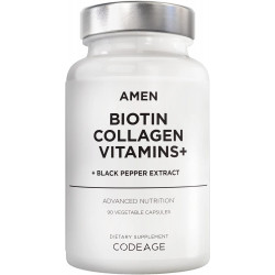 Amen Biotin Collagen Vitamins+ Advanced Hair, Skin, Nail & Immunity Support - 10 000 мкг биотина, коллагена, кератина, витаминов C и E, фолиевой кислоты, гиалуроновой кислоты, МСМ - 3-месячный запас, без ГМО - 90 капсул