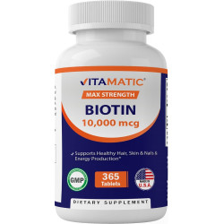 Vitamatic Biotin 10 000 мкг (10 мг) для зміцнення волосся, шкіри та нігтів - 365 веганських таблеток - також називається вітамін B7