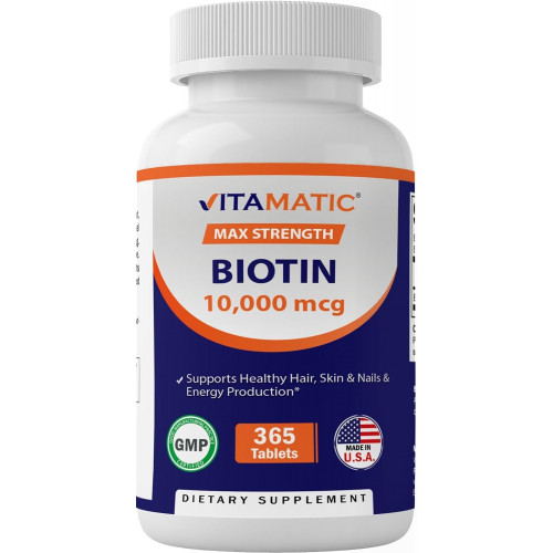 Vitamatic Biotin 10 000 мкг (10 мг) для зміцнення волосся, шкіри та нігтів - 365 веганських таблеток - також називається вітамін B7