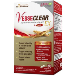 LABO Nutrition VesseCLEAR EX: наттокиназа NSK-SD+эластин F для чистых и гибких кровеносных сосудов. Наиболее клинически изученные функциональные дозы кислотоустойчивых капсул с отсроченным высвобождением в Японии.