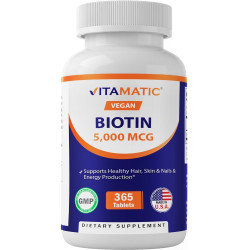 Vitamatic Biotin 5000 мкг (5 мг) для зміцнення волосся, шкіри та нігтів - 365 веганських таблеток - також називається Вітамін B7