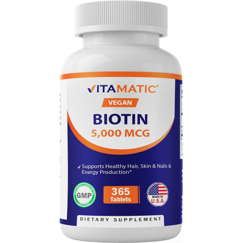 Vitamatic Biotin 5000 мкг (5 мг) для зміцнення волосся, шкіри та нігтів - 365 веганських таблеток - також називається Вітамін B7