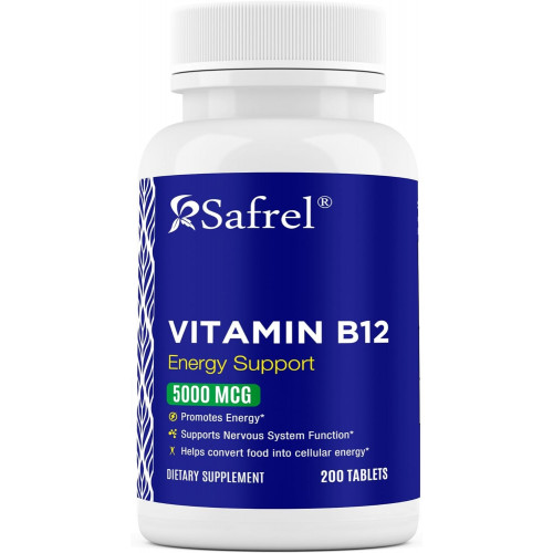 Safrel Maximum Strength Vitamin B12 5000 мкг, дієтична добавка для підтримки енергії, обміну речовин і нервової системи, веганська, без глютену та барвників | Зроблено в США | Запас на 200 днів