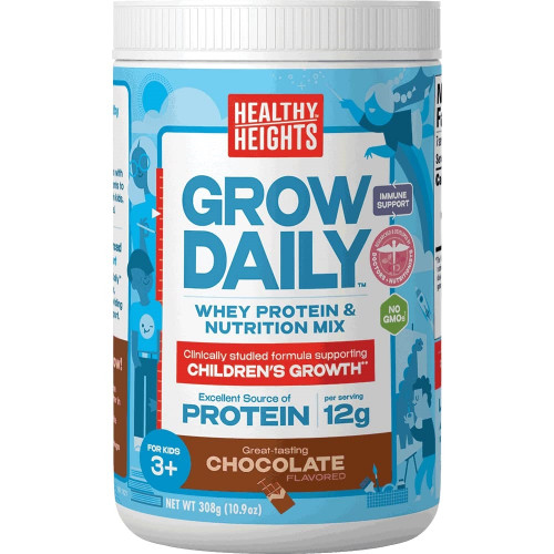 Grow Daily 3+ Shake Mix Каністра на 7 порцій від Healthy Heights - Протеїновий порошок (шоколад) - Розроблено педіатрами - Поживний коктейль з високим вмістом білка - Містить ключові вітаміни та мінерали