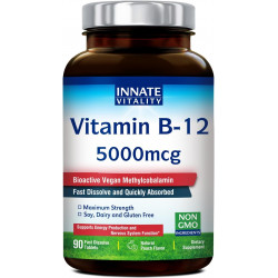 Innate Vitality Vitamin B12 5000 мкг, веганський метилкобаламін, швидкорозчинні таблетки, натуральний смак персика, підтримує виробництво енергії та здорову нервову систему, 90 таблеток