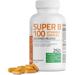 Bronson Super B 100 Vitamin B Complex Sustained Release Містить усі вітаміни групи B (вітамін B1, B2, B3, B6, B9 - фолієва кислота, B12) Підтримує енергетичний обмін і здоров'я нервової системи, без ГМО, 250 таблеток