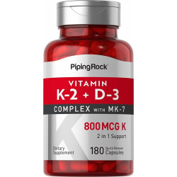 Piping Rock Vitamin K2 D3 Supplement | 800 мкг | 180 капсул | Комплекс МК-7 | Без ГМО, без глютену