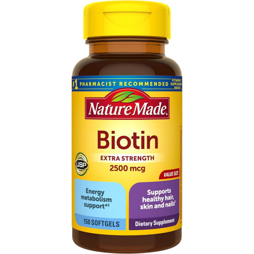 Nature Made Extra Strength Biotin 2500 мкг, дієтична добавка для здорового волосся, шкіри та підтримки нігтів, 150 м’яких капсул, запас на 150 днів