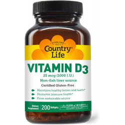 Country Life Vitamin D3, без риби, 1000 МО, 200 м’яких капсул, сертифікований без глютену