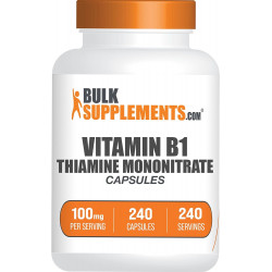 BulkSupplements.com Капсули мононітрату тіаміну - Добавка тіаміну B1 - Капсули вітаміну B1 - Тіамін 100 мг - Добавка тіаміну - Вітаміни B1 - 1 капсула на порцію (240 капсул)