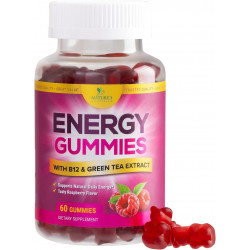 Energy Gummies Вітамін B12, екстракт зеленого чаю та гуарани, натуральний кофеїн, щоденна енергетична вітамінна добавка, смачна жувальна добавка зі смаком малини для бігунів, жінок і чоловіків - 60 цукерок