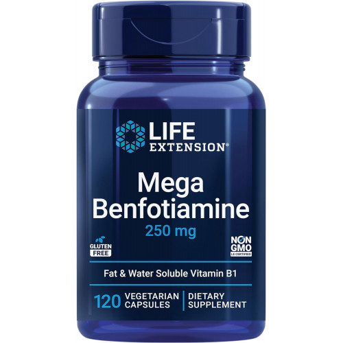 Life Extension Mega Benfotiamine, 250 мг, жиророзчинна форма тіаміну, здоровий метаболізм, ультрабіодоступний вітамін B1, висока ефективність, без глютену, без ГМО, вегетаріанська, 120 капсул