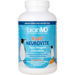 BRAINMD Dr Amen Kids’ NeuroVite, со вкусом апельсина – 120 жевательных таблеток в форме пингвина – Мультивитаминная и минеральная добавка – Способствует здоровому развитию и росту – Без глютена – 60 порций