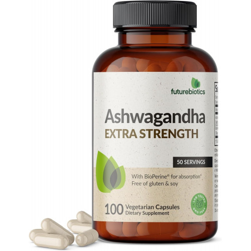 Futurebiotics Ashwagandha Extra Strength Поддержка стресса и настроения с биоперином — формула без ГМО, 100 вегетарианских капсул