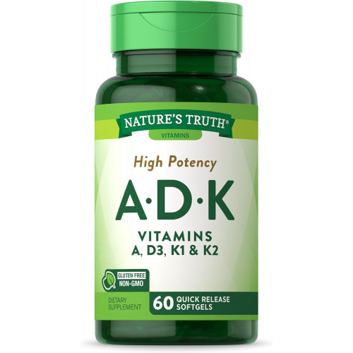 Nature's Truth Vitamin A D K Supplement | 60 капсул | Висока ефективність вітамінів A, D3, K1 і K2 | Без ГМО та глютену