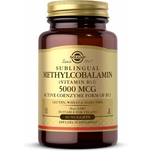 Solgar Methylcobalamin Vitamin B12 5000 mcg Nuggets - Підтримує енергію, активна форма B12, без ГМО, веганський, без глютену та молочних продуктів - 60 штук