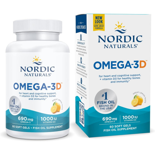 Nordic Naturals Omega-3D, со вкусом лимона – 60 Мягкие таблетки – 690 мг Омега-3 + 1000 МЕ витамина D3 – Рыбий жир – EPA и DHA – Поддержка иммунитета, здоровье мозга и сердца, здоровые кости – Без ГМО – 30