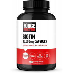 FORCE FACTOR Biotin 10000 мкг, добавка біотину для здоров’я волосся, шкіри та нігтів, добавка для росту волосся з вітамінами біотину, веганський біотин, без ГМО, 100 рослинних капсул