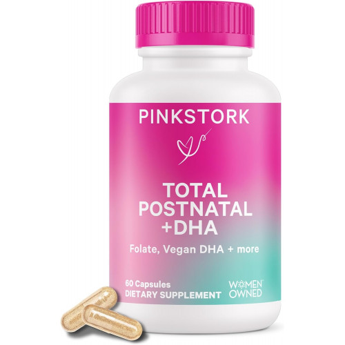 Pink Stork Total Postnatal Vitamins for Women with Vegan DHA, Iron, Folate and Vitamin B12, Postpartum Recovery Essentials, щоденна добавка для мам, які годують грудьми - запас на 1 місяць